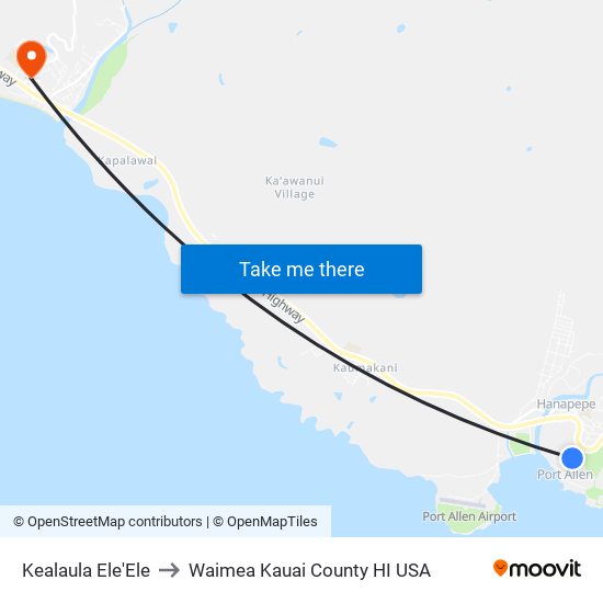 Kealaula Ele'Ele to Waimea Kauai County HI USA map