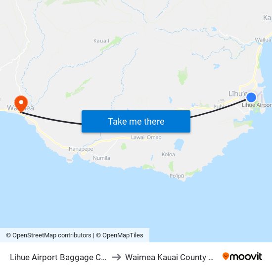 Lihue Airport Baggage Claim A to Waimea Kauai County HI USA map