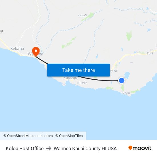 Koloa Post Office to Waimea Kauai County HI USA map