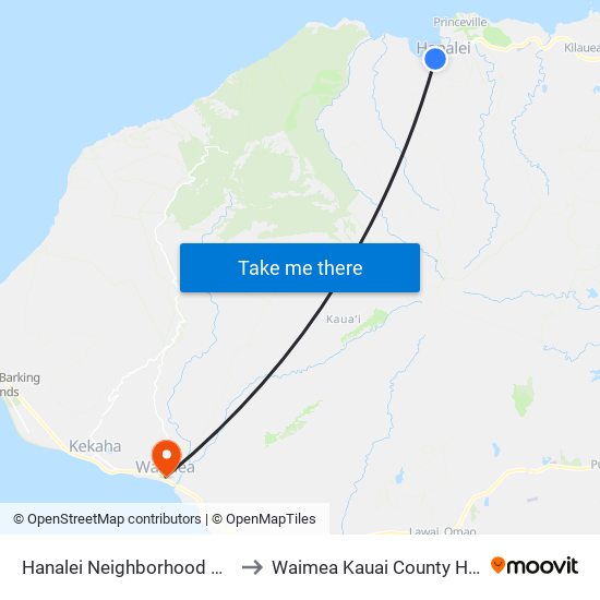 Hanalei Neighborhood Center to Waimea Kauai County HI USA map