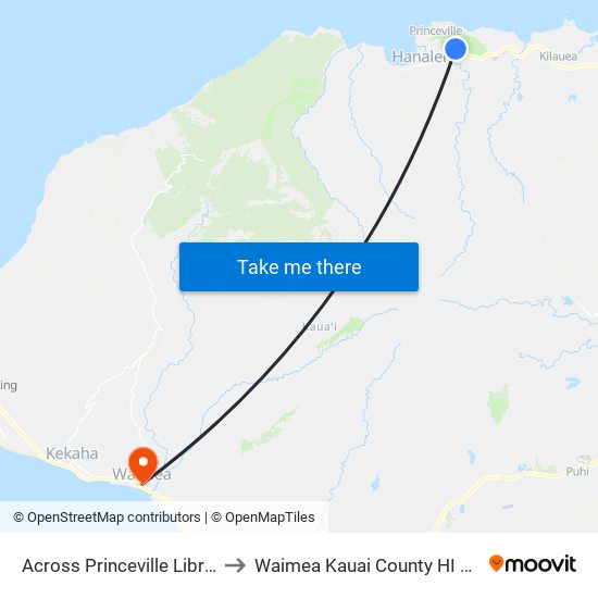 Across Princeville Library to Waimea Kauai County HI USA map