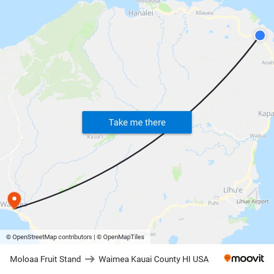 Moloaa Fruit Stand to Waimea Kauai County HI USA map