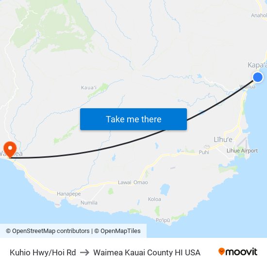 Kuhio Hwy/Hoi Rd to Waimea Kauai County HI USA map