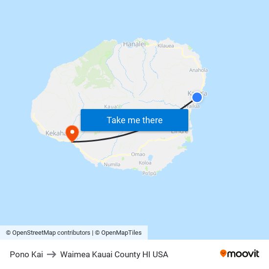 Pono Kai to Waimea Kauai County HI USA map