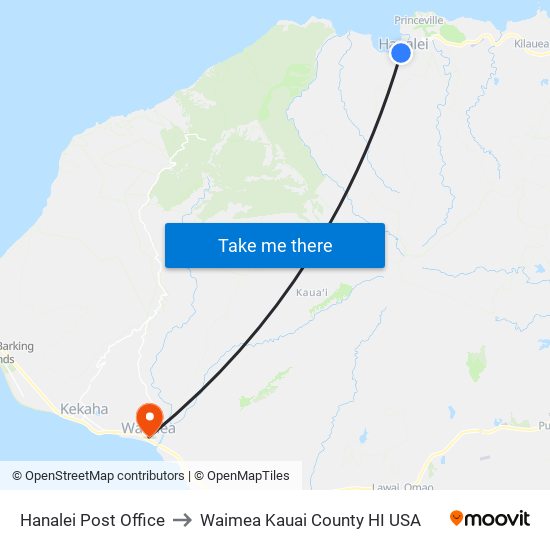 Hanalei Post Office to Waimea Kauai County HI USA map