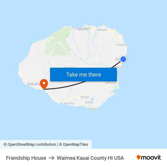 Friendship House to Waimea Kauai County HI USA map