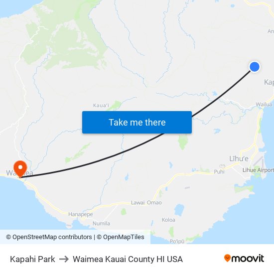 Kapahi Park to Waimea Kauai County HI USA map