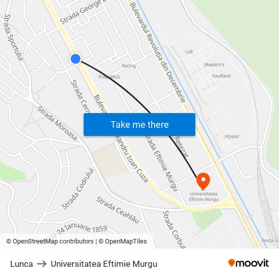 Lunca to Universitatea Eftimie Murgu map