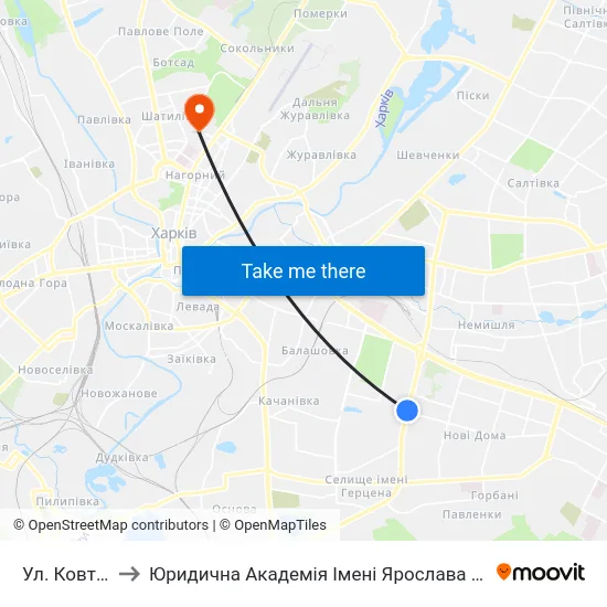 Ул. Ковтуна to Юридична Академiя Iменi Ярослава Мудрого map