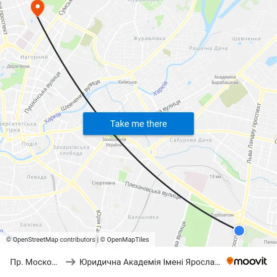 Пр. Московский to Юридична Академiя Iменi Ярослава Мудрого map