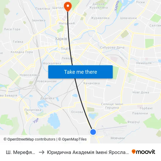 Ш. Мерефянське to Юридична Академiя Iменi Ярослава Мудрого map
