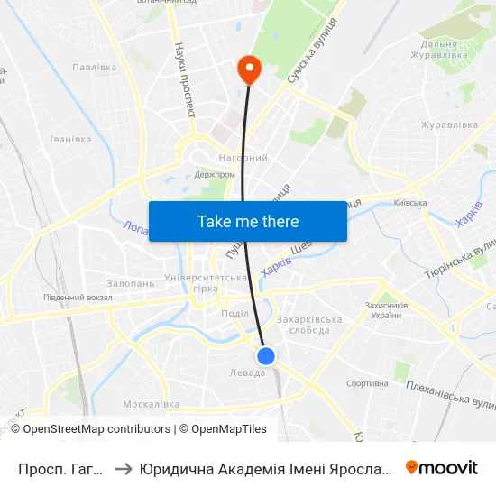 Просп. Гагаріна to Юридична Академiя Iменi Ярослава Мудрого map