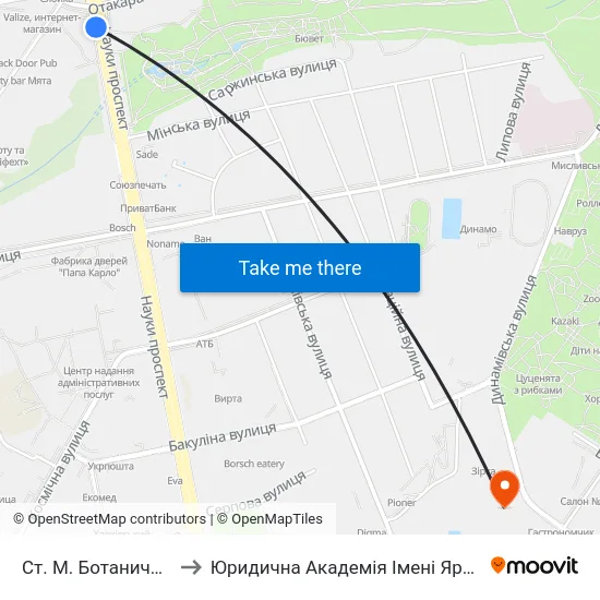 Ст. М. Ботанический Сад to Юридична Академiя Iменi Ярослава Мудрого map