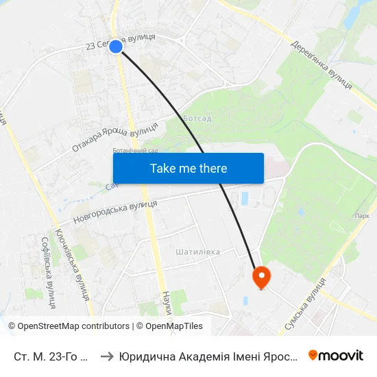 Ст. М. 23-Го Августа to Юридична Академiя Iменi Ярослава Мудрого map
