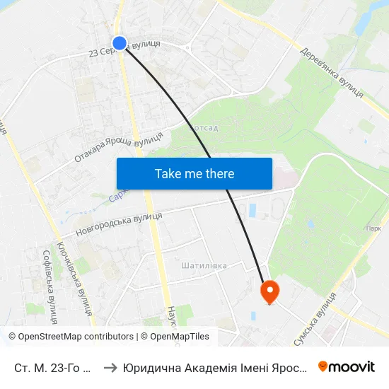 Ст. М. 23-Го Августа to Юридична Академiя Iменi Ярослава Мудрого map