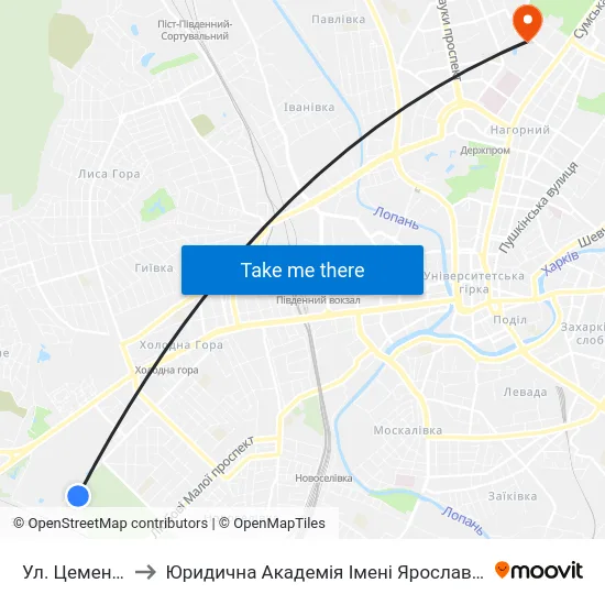 Ул. Цементная to Юридична Академiя Iменi Ярослава Мудрого map