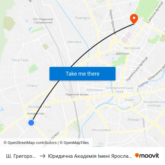 Ш. Григоровское to Юридична Академiя Iменi Ярослава Мудрого map