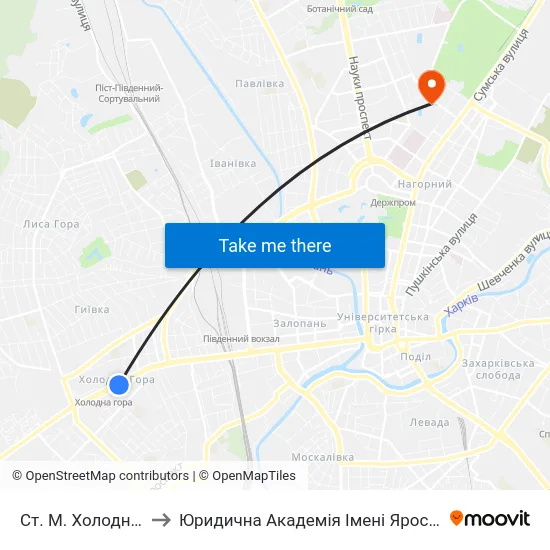 Ст. М. Холодная Гора to Юридична Академiя Iменi Ярослава Мудрого map