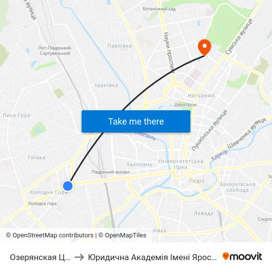 Озерянская Церковь to Юридична Академiя Iменi Ярослава Мудрого map