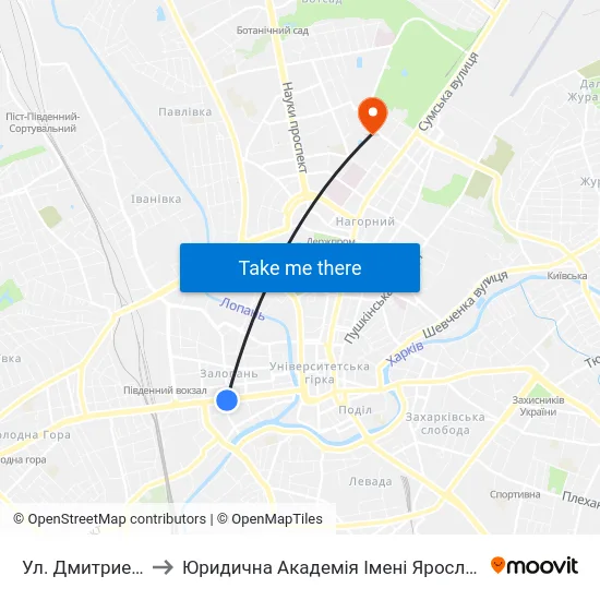 Ул. Дмитриевская to Юридична Академiя Iменi Ярослава Мудрого map