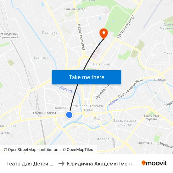 Театр Для Детей И Юношества to Юридична Академiя Iменi Ярослава Мудрого map