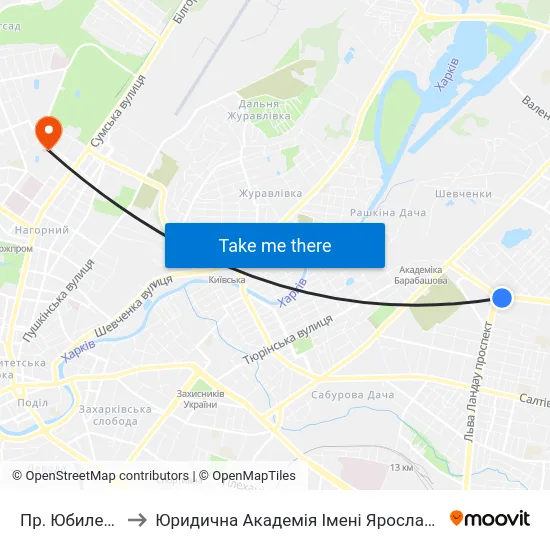 Пр. Юбилейный to Юридична Академiя Iменi Ярослава Мудрого map