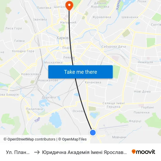 Ул. Планерна to Юридична Академiя Iменi Ярослава Мудрого map