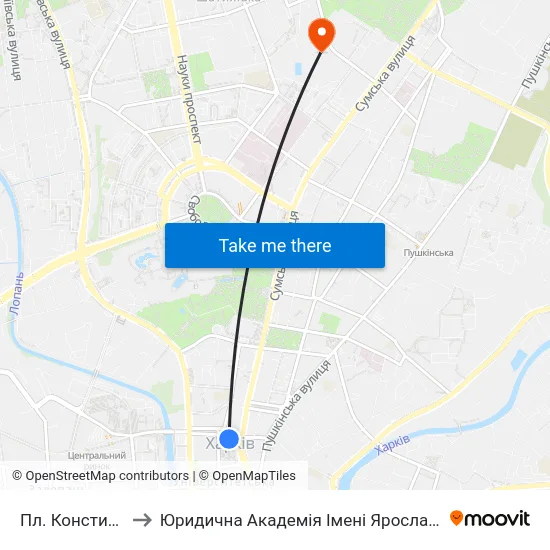 Пл. Конституции to Юридична Академiя Iменi Ярослава Мудрого map