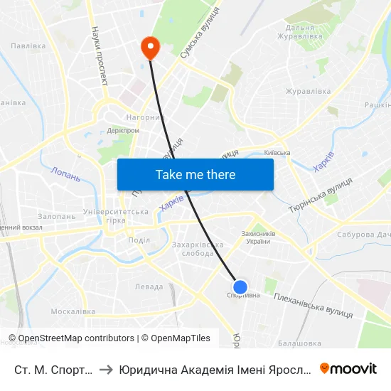 Ст. М. Спортивная to Юридична Академiя Iменi Ярослава Мудрого map