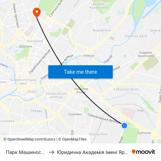 Парк Машиностроителей to Юридична Академiя Iменi Ярослава Мудрого map