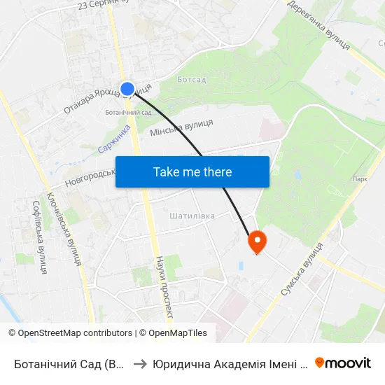 Ботанічний Сад (Botanichyni Sad) to Юридична Академiя Iменi Ярослава Мудрого map