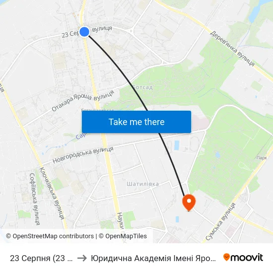 23 Серпня (23 Serpnia) to Юридична Академiя Iменi Ярослава Мудрого map