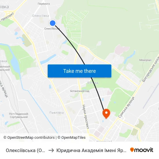 Олексіївська (Oleksiivska) to Юридична Академiя Iменi Ярослава Мудрого map