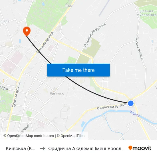 Київська (Kyivska) to Юридична Академiя Iменi Ярослава Мудрого map