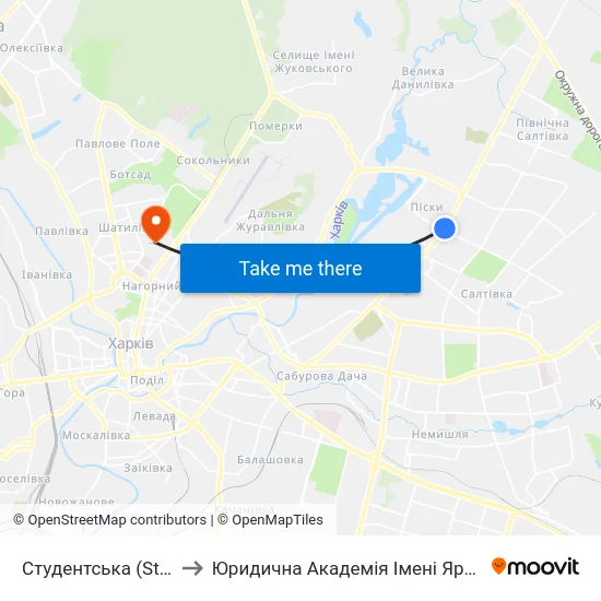 Студентська (Studentska) to Юридична Академiя Iменi Ярослава Мудрого map
