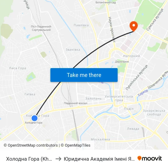 Холодна Гора (Kholodna Hora) to Юридична Академiя Iменi Ярослава Мудрого map