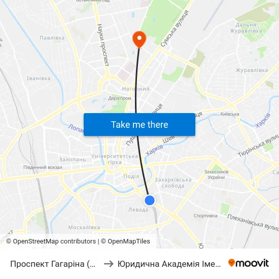 Проспект Гагаріна (Prospekt Haharina) to Юридична Академiя Iменi Ярослава Мудрого map
