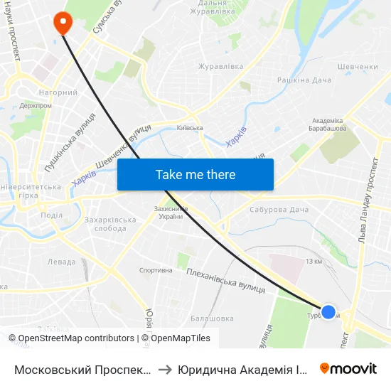 Московський Проспект (Moskovskyi Prospekt) to Юридична Академiя Iменi Ярослава Мудрого map