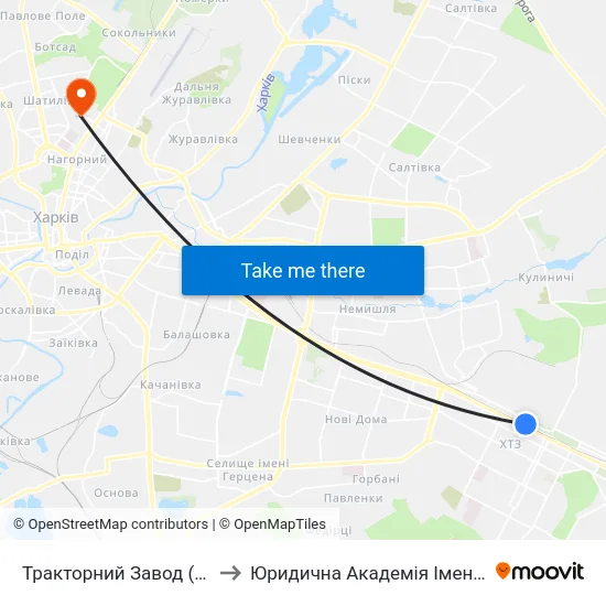 Тракторний Завод (Traktornyi Zavod) to Юридична Академiя Iменi Ярослава Мудрого map