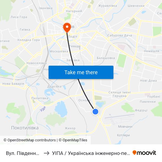 Вул. Пiвденнопроектна to УІПА / Українська інженерно-педагогічна академія map