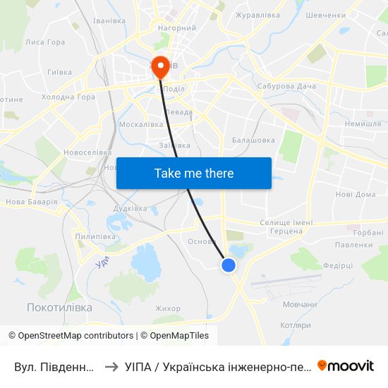 Вул. Пiвденнопроектна to УІПА / Українська інженерно-педагогічна академія map