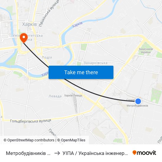 Метробудівників (Metrobudivnykiv) to УІПА / Українська інженерно-педагогічна академія map