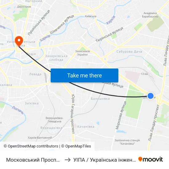 Московський Проспект (Moskovskyi Prospekt) to УІПА / Українська інженерно-педагогічна академія map