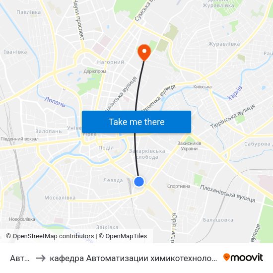 Автовокзал to кафедра Автоматизации химикотехнологических систем и экологического мониторинга map