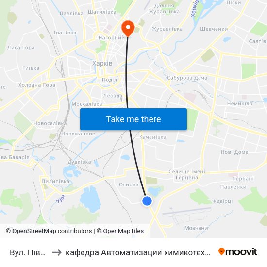 Вул. Пiвденнопроектна to кафедра Автоматизации химикотехнологических систем и экологического мониторинга map
