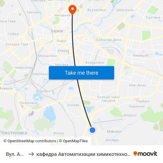 Вул. Аерофлотська to кафедра Автоматизации химикотехнологических систем и экологического мониторинга map
