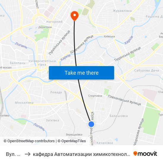 Вул. Чугуївська to кафедра Автоматизации химикотехнологических систем и экологического мониторинга map