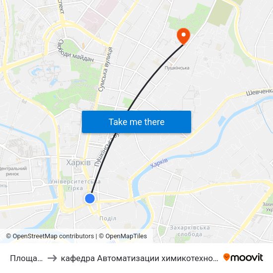 Площа Павлiвська to кафедра Автоматизации химикотехнологических систем и экологического мониторинга map
