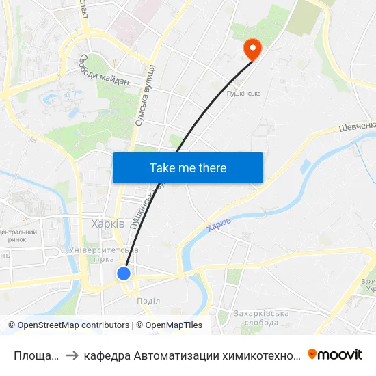 Площа Павлiвська to кафедра Автоматизации химикотехнологических систем и экологического мониторинга map