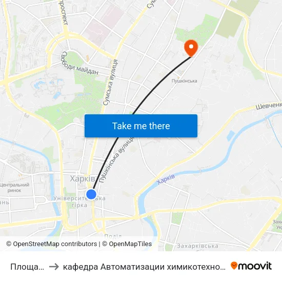 Площа Конституцii to кафедра Автоматизации химикотехнологических систем и экологического мониторинга map
